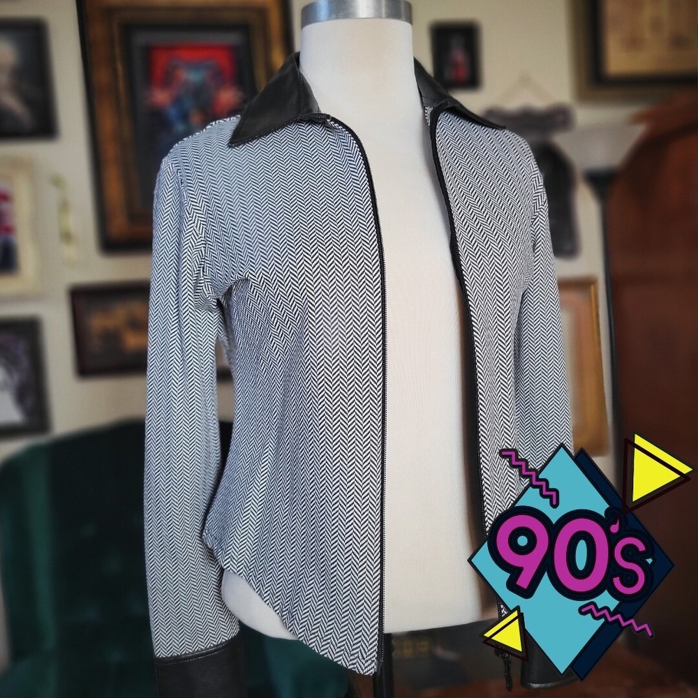 Rayure Herringbone Jacket Vintage 90s Faux‎ Leather Trim Office Siren Top Small